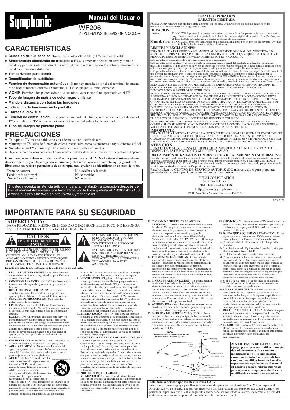 Wf206_l3317ut_es_v1.pdf, Importante para su seguridad, Caracteristicas | Wf206, Precauciones, Manual del usuario, Advertencia, Caution, 20 pulgadas television a color, Atencion | Symphonic WF206 User Manual | Page 5 / 8