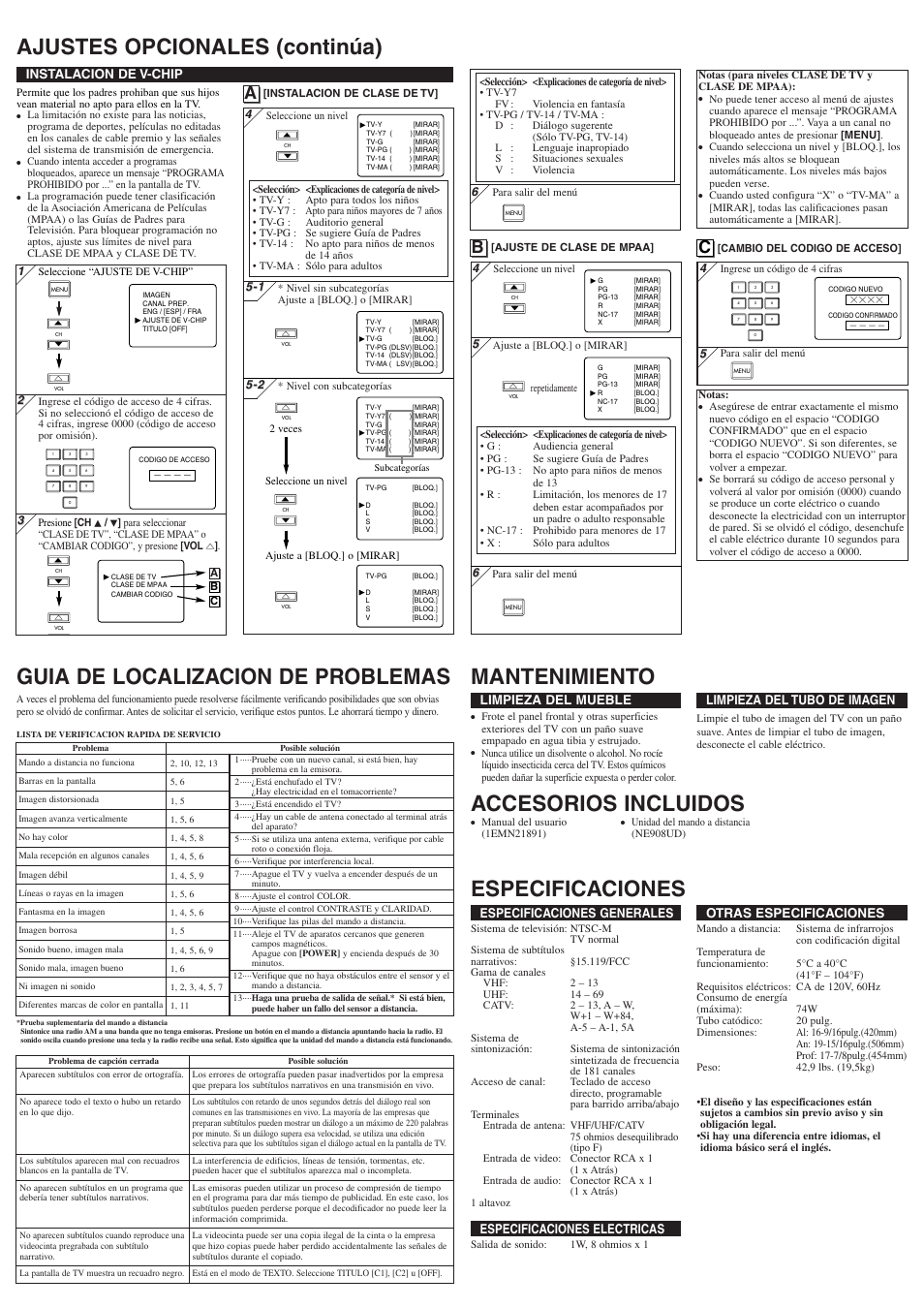 Accesorios incluidos, Especificaciones generales, Especificaciones electricas | Otras especificaciones, Limpieza del mueble, Limpieza del tubo de imagen, Instalacion de v-chip | Symphonic WF206 User Manual | Page 8 / 8