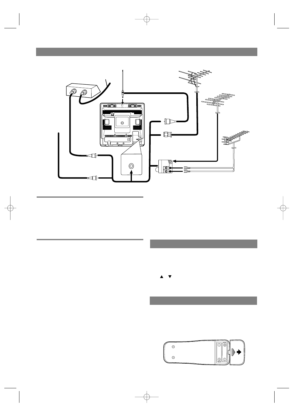 Conexiones de antena/cable, Modo de entrada externa, Instalación de las pilas | Antena combinada de vhf/uhf, Antenas separadas de vhf/uhf | Symphonic WF-13C2 User Manual | Page 30 / 32
