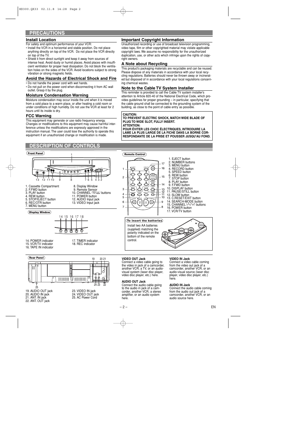 Precautions description of controls, Install location, Avoid the hazards of electrical shock and fire | Moisture condensation warning, Fcc warning, Important copyright information | Symphonic SL240D User Manual | Page 2 / 8