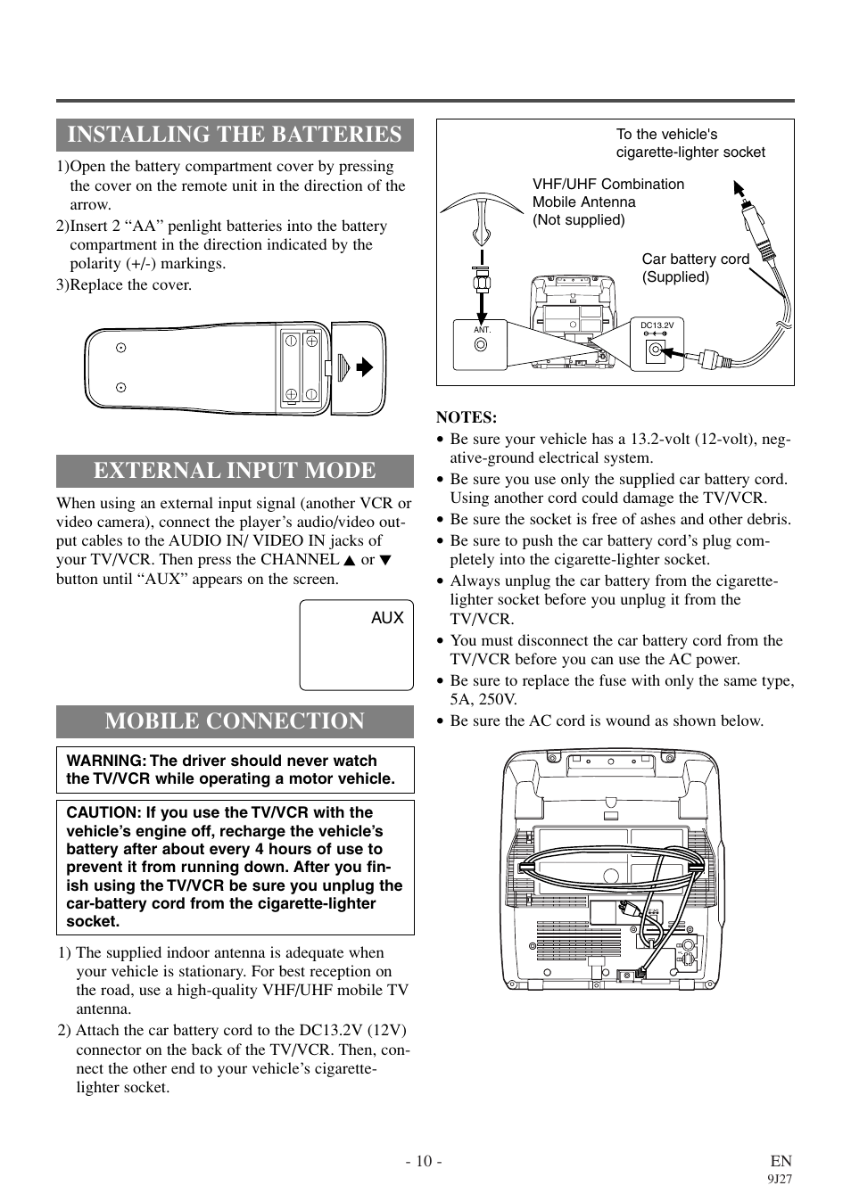 Installing the batteries, External input mode, Mobile connection | Symphonic SC309E User Manual | Page 10 / 32