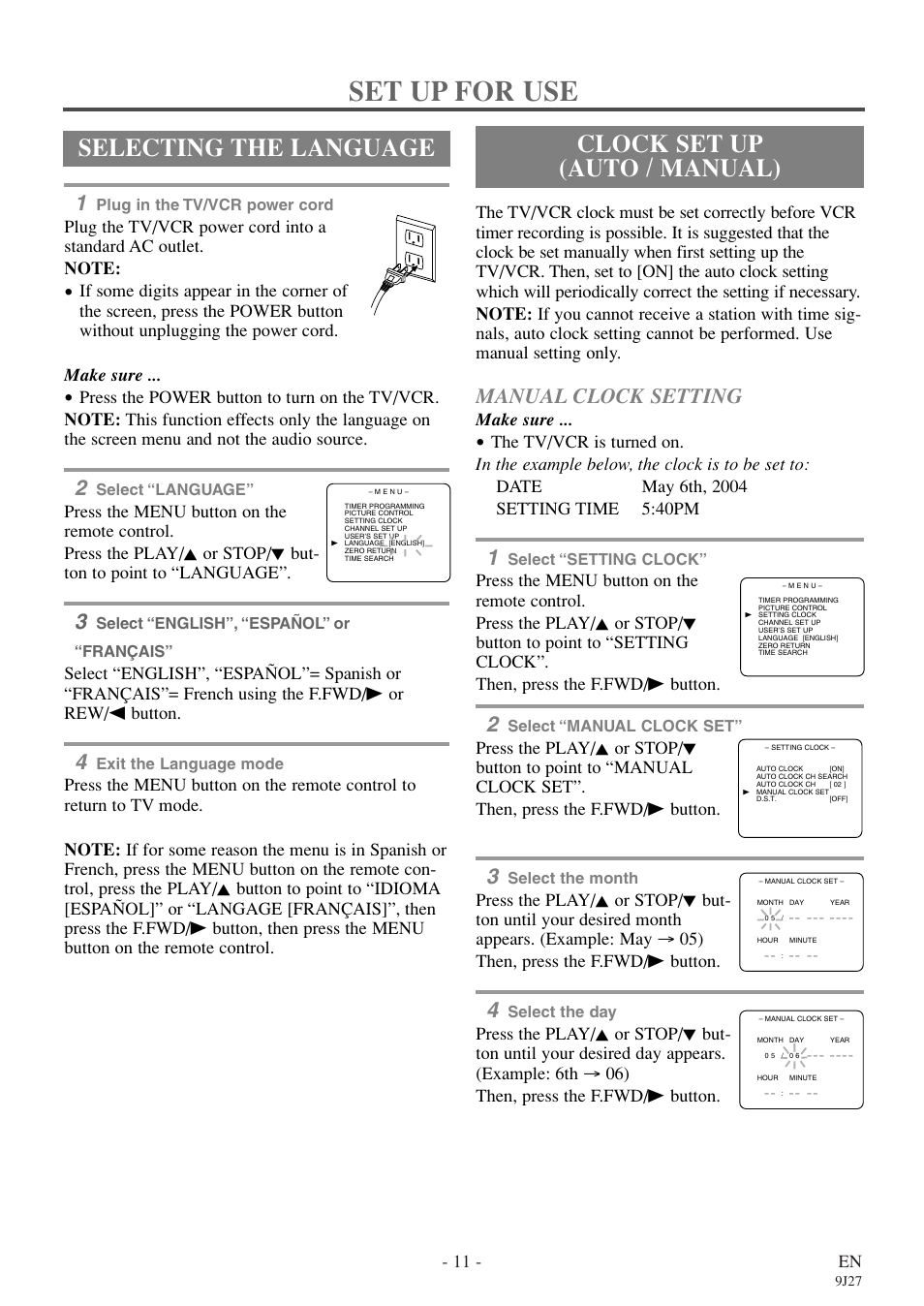 Set up for use, Clock set up (auto / manual), Selecting the language | Manual clock setting, 11 - en, Make sure | Symphonic SC309E User Manual | Page 11 / 32