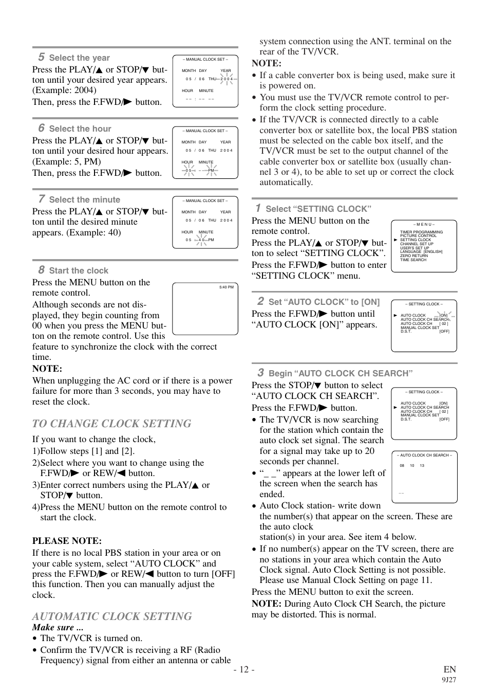 Automatic clock setting, 12 - en, Make sure | The tv/vcr is turned on | Symphonic SC309E User Manual | Page 12 / 32