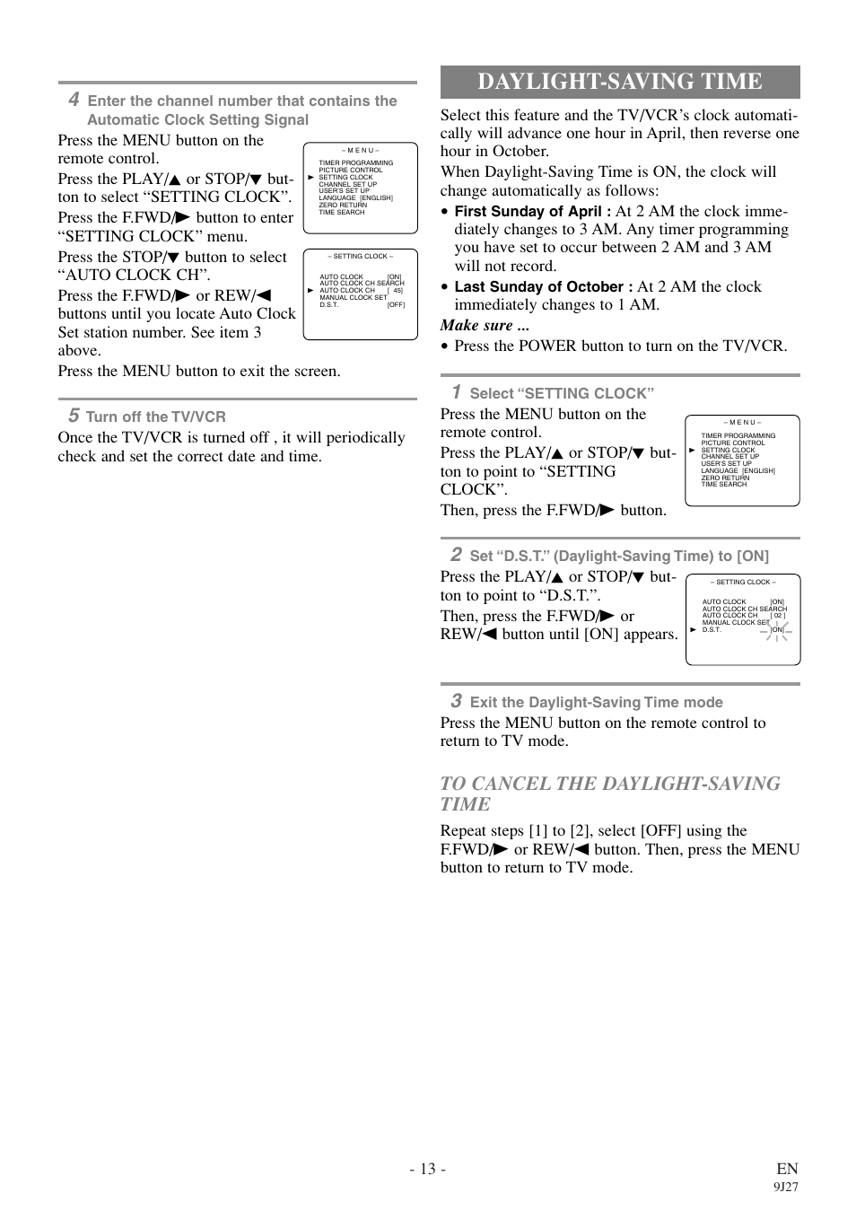 Daylight-saving time, 13 - en, Press the power button to turn on the tv/vcr | Symphonic SC309E User Manual | Page 13 / 32