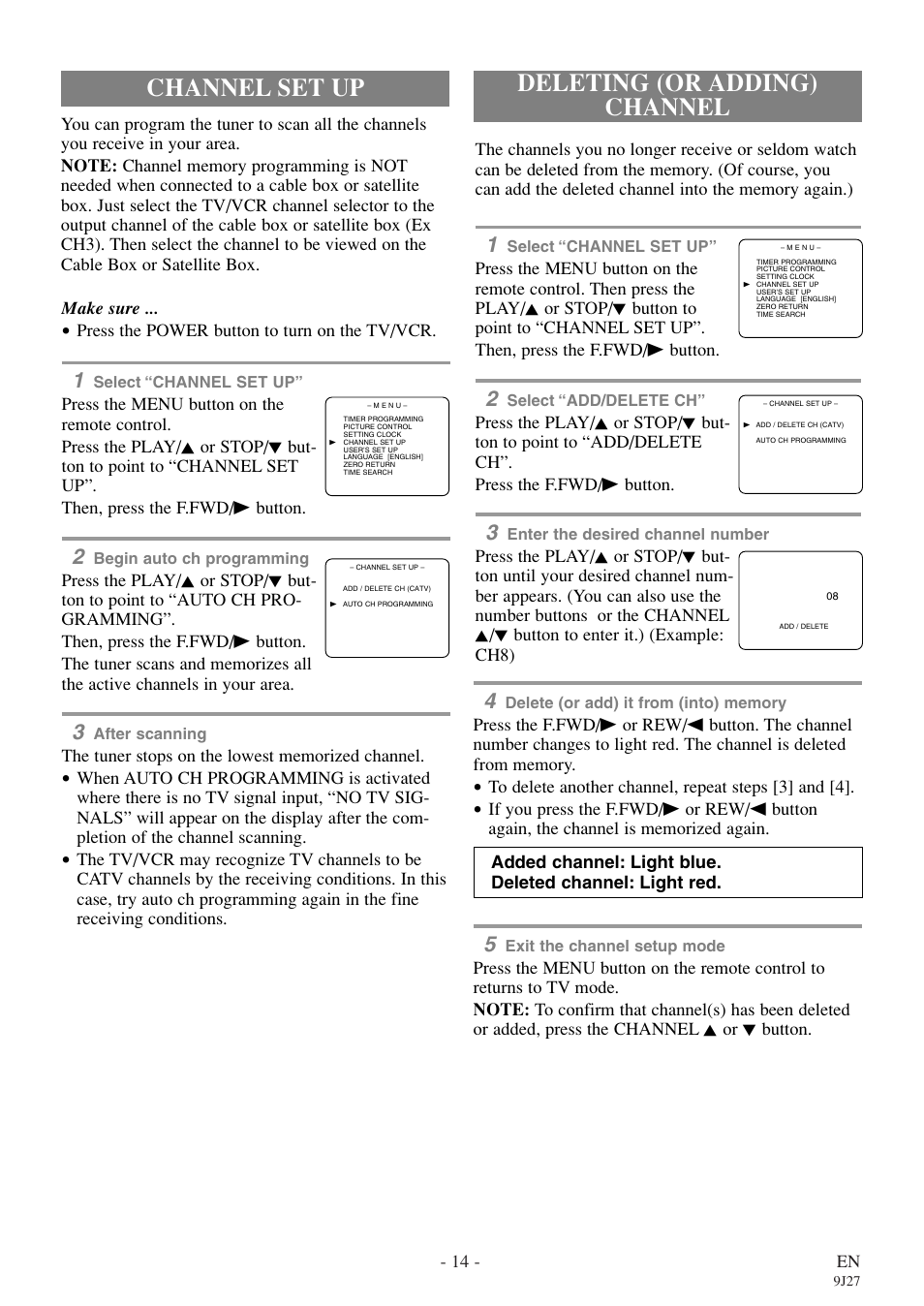 Deleting (or adding) channel, Channel set up | Symphonic SC309E User Manual | Page 14 / 32