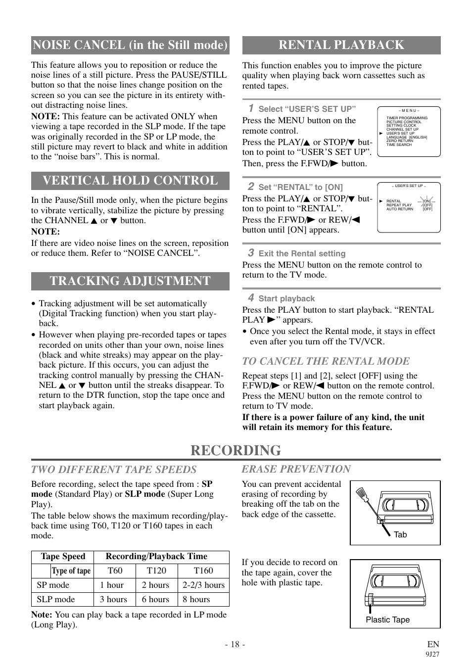 Recording, Two different tape speeds, Erase prevention | Symphonic SC309E User Manual | Page 18 / 32