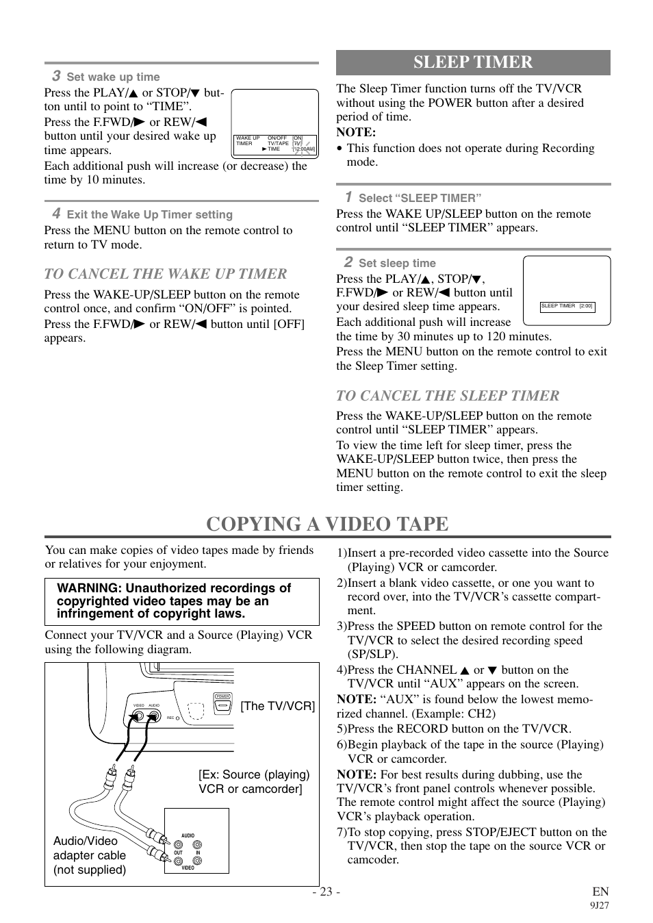 Copying a video tape, Sleep timer | Symphonic SC309E User Manual | Page 23 / 32