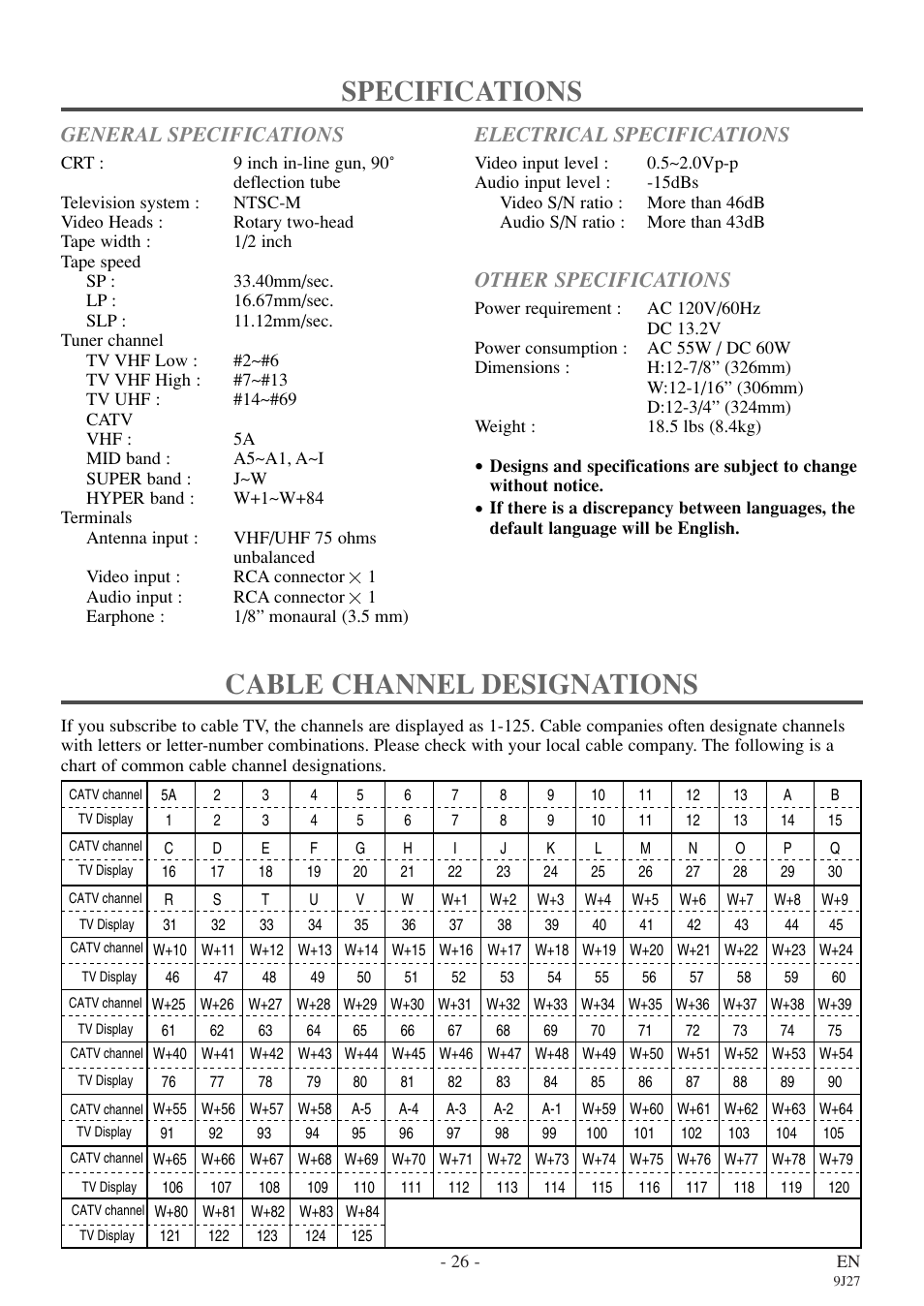 Specifications cable channel designations, General specifications, Electrical specifications | Other specifications | Symphonic SC309E User Manual | Page 26 / 32