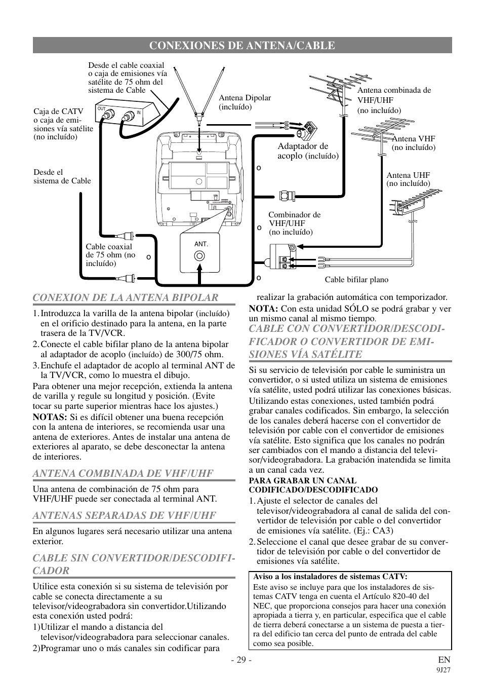 Conexiones de antena/cable, Conexion de la antena bipolar, Antena combinada de vhf/uhf | Antenas separadas de vhf/uhf, Cable sin convertidor/descodifi- cador | Symphonic SC309E User Manual | Page 29 / 32