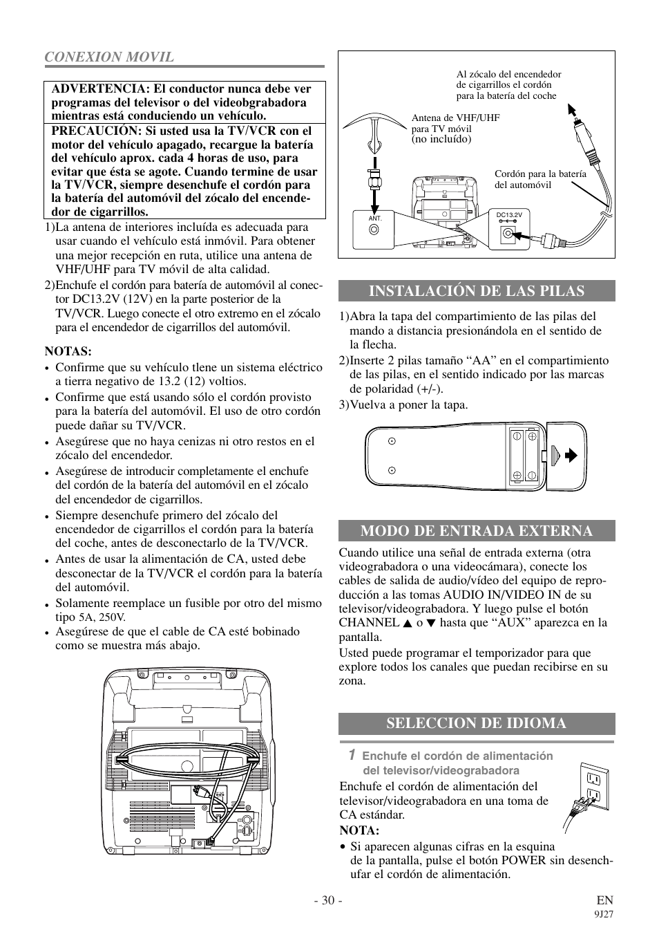 Instalación de las pilas modo de entrada externa, Seleccion de idioma | Symphonic SC309E User Manual | Page 30 / 32