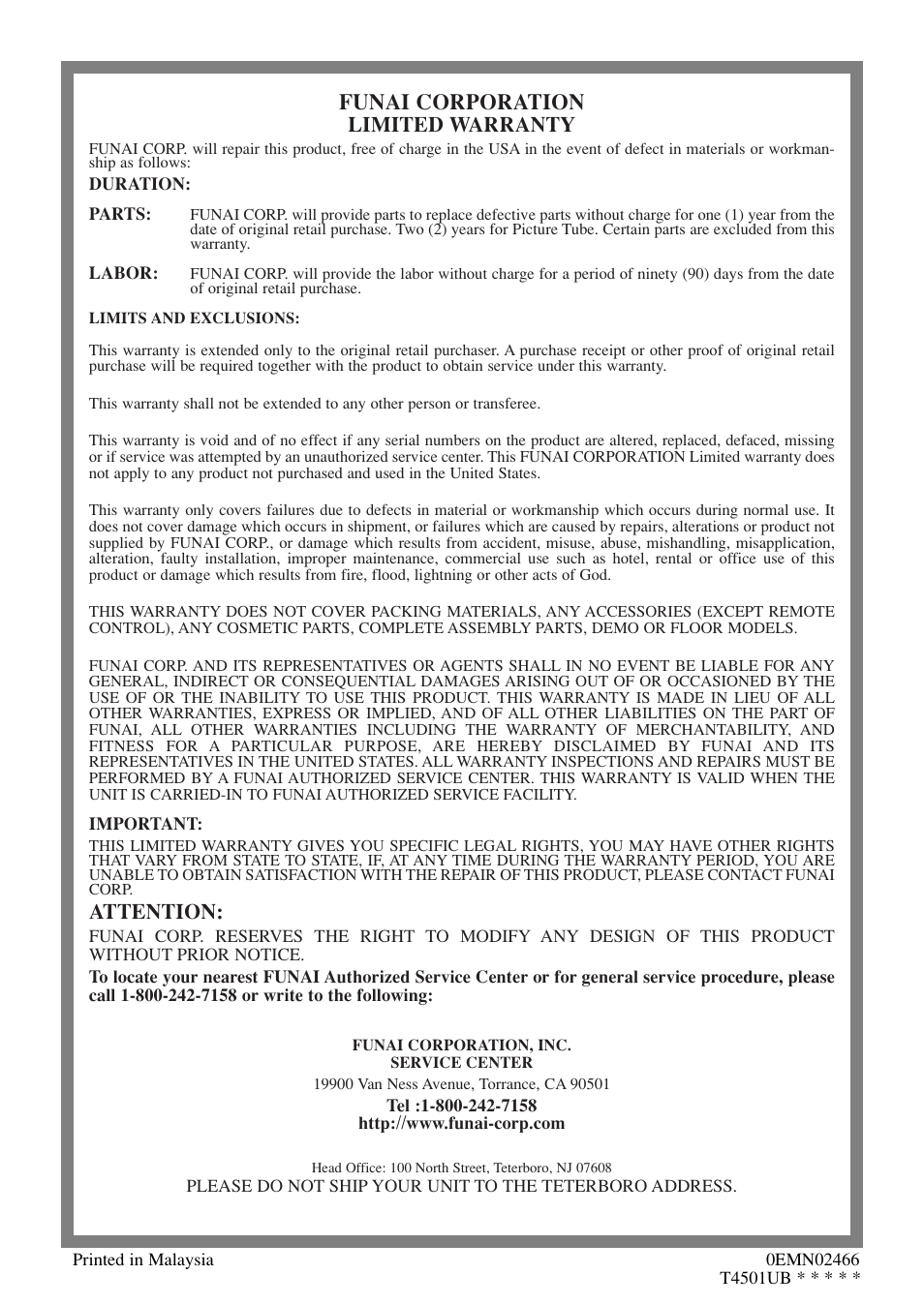 Funai corporation, Limited warranty, Attention | Symphonic SC309E User Manual | Page 32 / 32