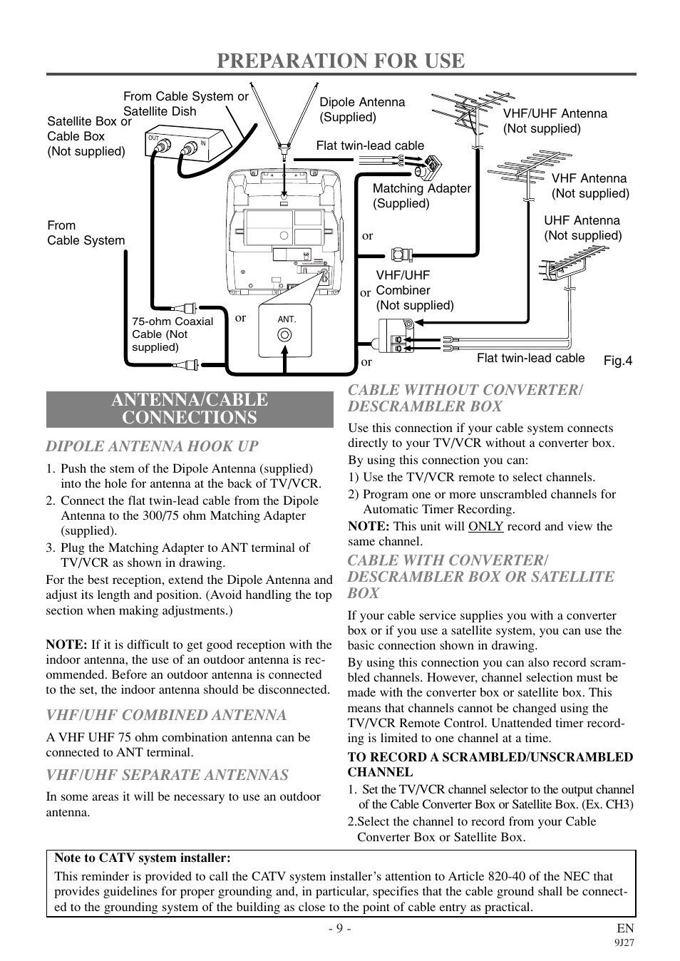 Preparation for use, Antenna/cable connections, Dipole antenna hook up | Cable without converter/ descrambler box, Vhf/uhf separate antennas, Vhf/uhf combined antenna | Symphonic SC309E User Manual | Page 9 / 32