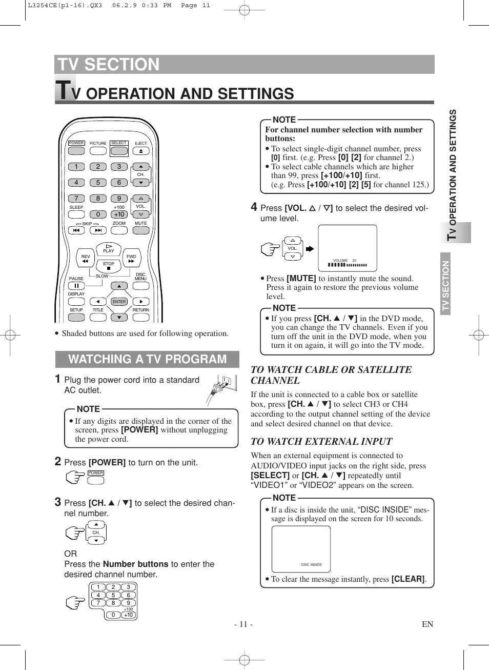 V operation and settings, Watching a tv program | Symphonic LCD TV/DVD User Manual | Page 11 / 36