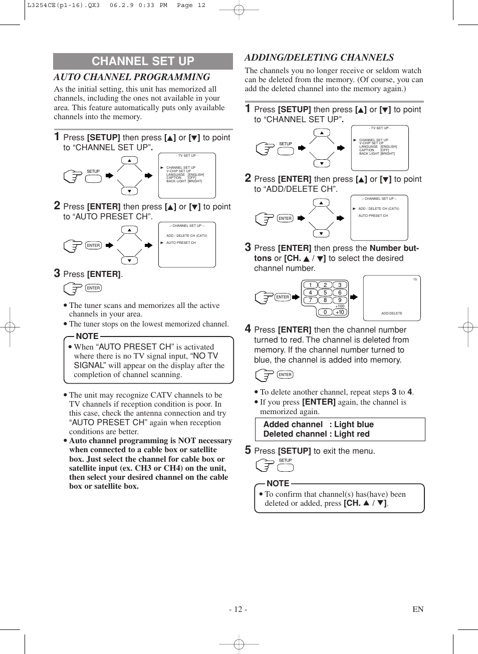 Channel set up, Auto channel programming, Adding/deleting channels | Symphonic LCD TV/DVD User Manual | Page 12 / 36