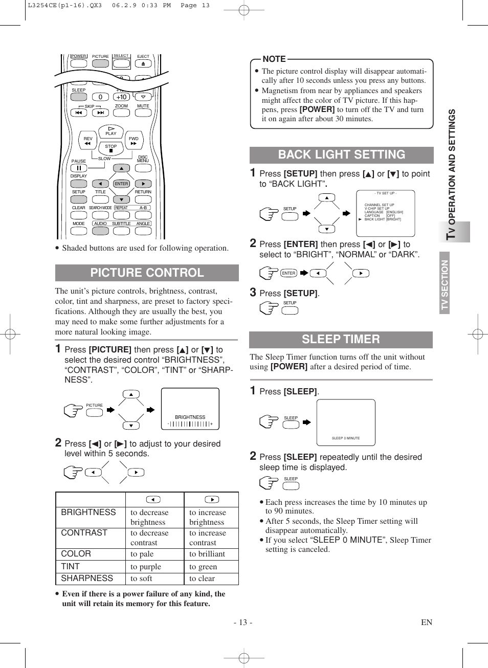 Picture control, Sleep timer, Back light setting | Symphonic LCD TV/DVD User Manual | Page 13 / 36