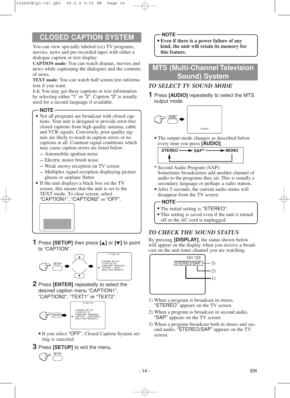 Closed caption system, Mts (multi-channel television sound) system | Symphonic LCD TV/DVD User Manual | Page 14 / 36