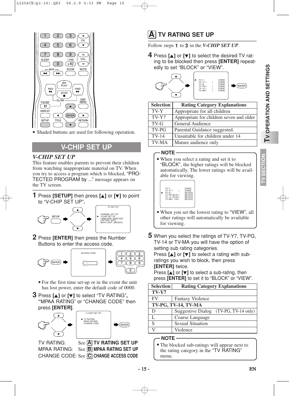 V-chip set up, Tv rating set up, Shaded buttons are used for following operation | Follow steps 1 to 3 in the v-chip set up, A b c, 15 - en, V operation and settings | Symphonic LCD TV/DVD User Manual | Page 15 / 36