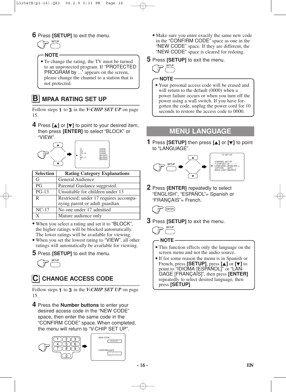 Menu language, Mpaa rating set up, Change access code | Symphonic LCD TV/DVD User Manual | Page 16 / 36