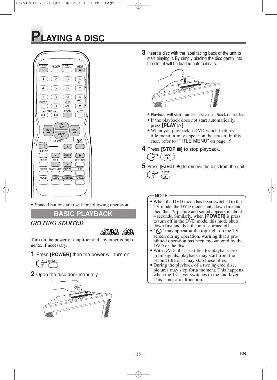 Laying a disc, Basic playback, Getting started | Symphonic LCD TV/DVD User Manual | Page 18 / 36