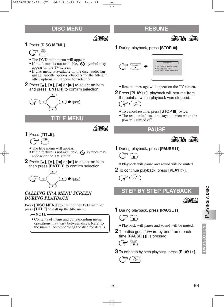 Resume pause title menu disc menu, Step by step playback | Symphonic LCD TV/DVD User Manual | Page 19 / 36
