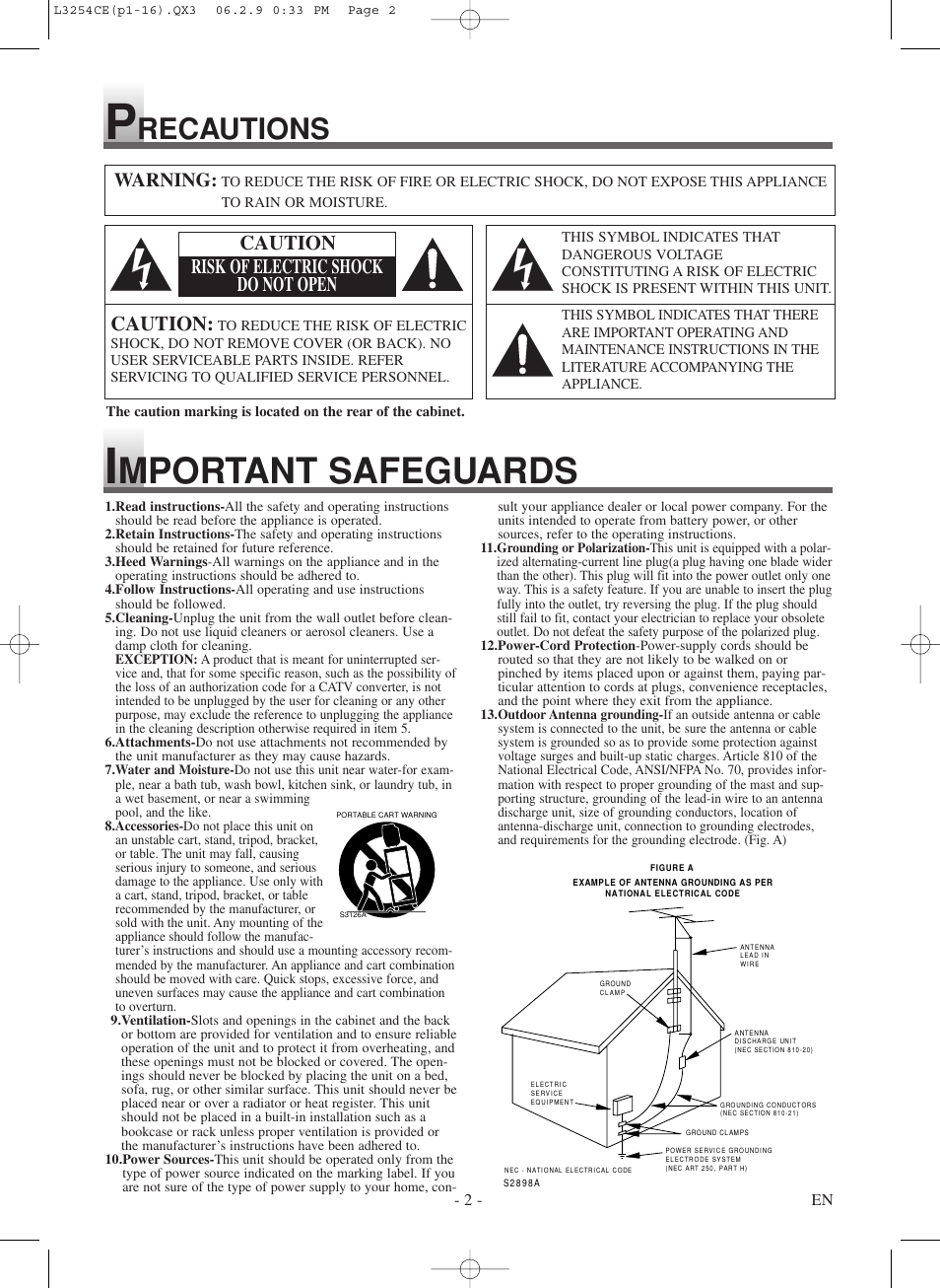 Mportant safeguards, Recautions, Caution | Caution risk of electric shock do not open, Warning | Symphonic LCD TV/DVD User Manual | Page 2 / 36