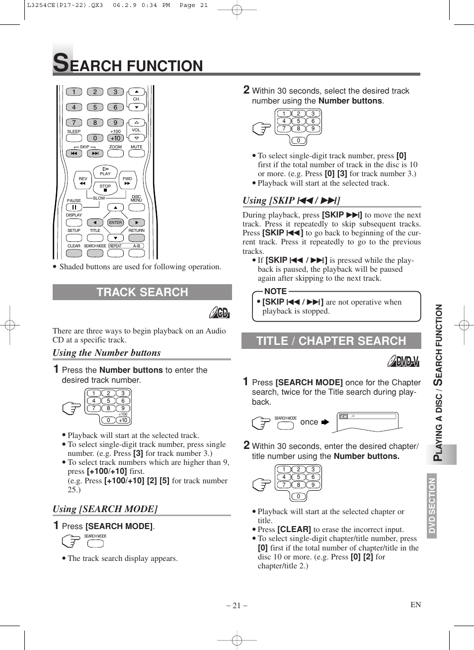 Earch function, Track search title / chapter search, Using the number buttons | Using [search mode, Using [skip | Symphonic LCD TV/DVD User Manual | Page 21 / 36