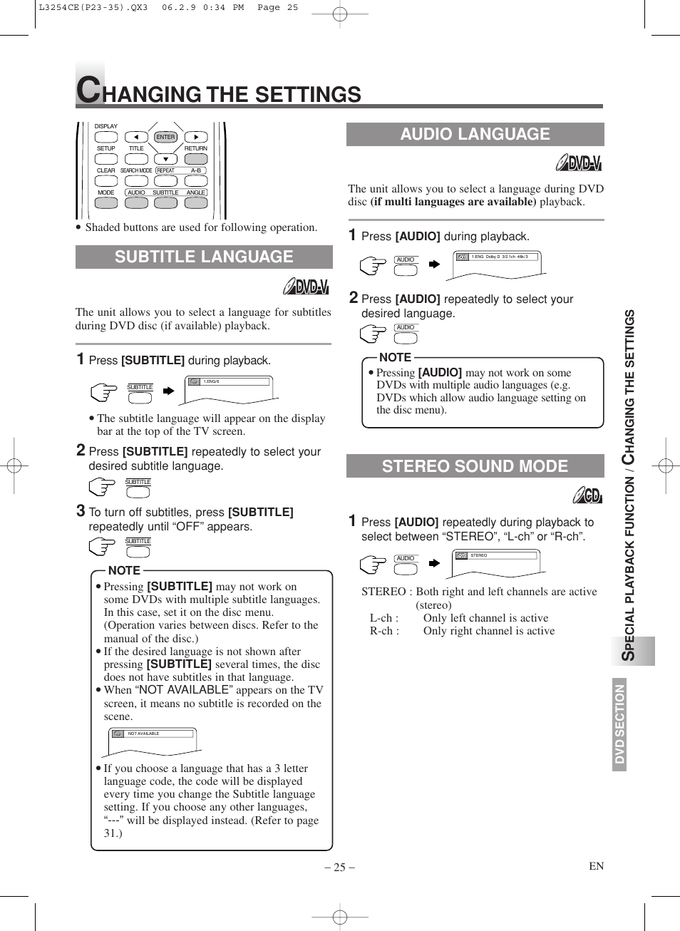 Hanging the settings, Audio language subtitle language, Stereo sound mode | Symphonic LCD TV/DVD User Manual | Page 25 / 36