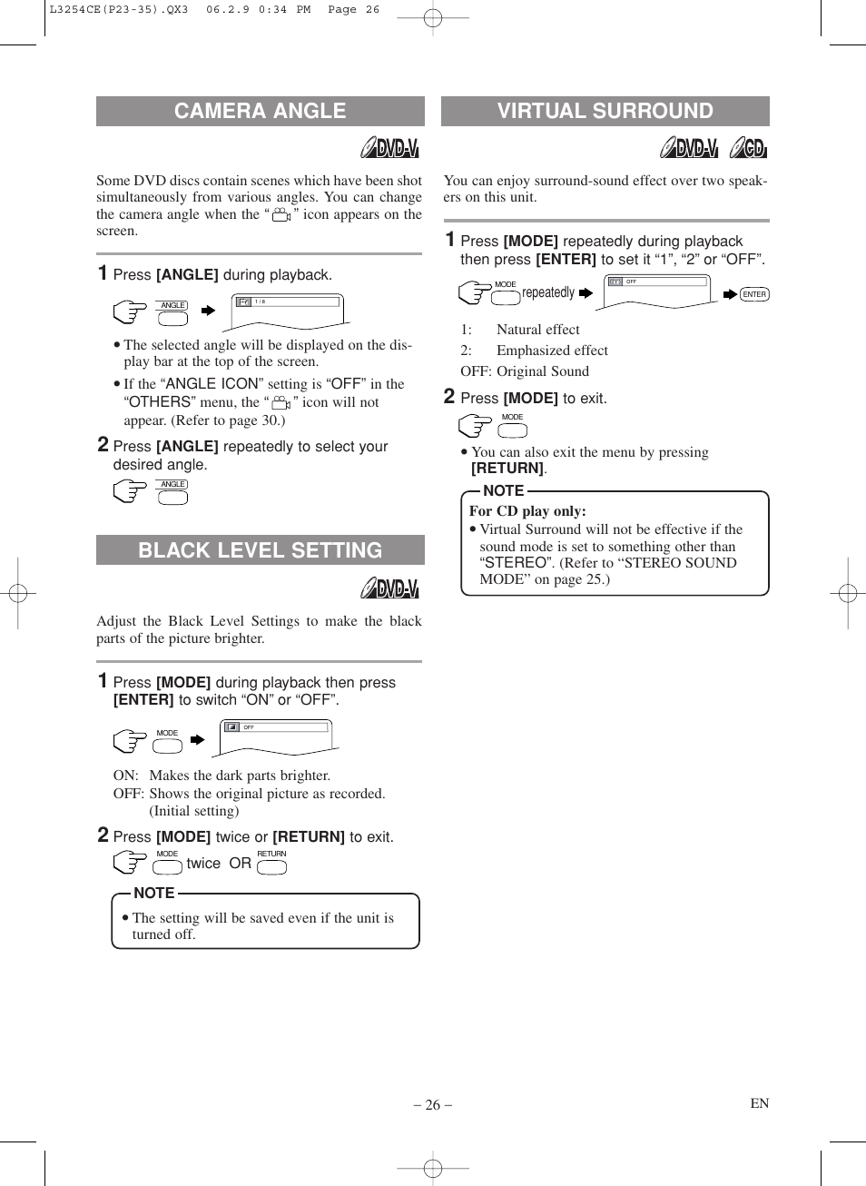 Virtual surround black level setting, Camera angle | Symphonic LCD TV/DVD User Manual | Page 26 / 36