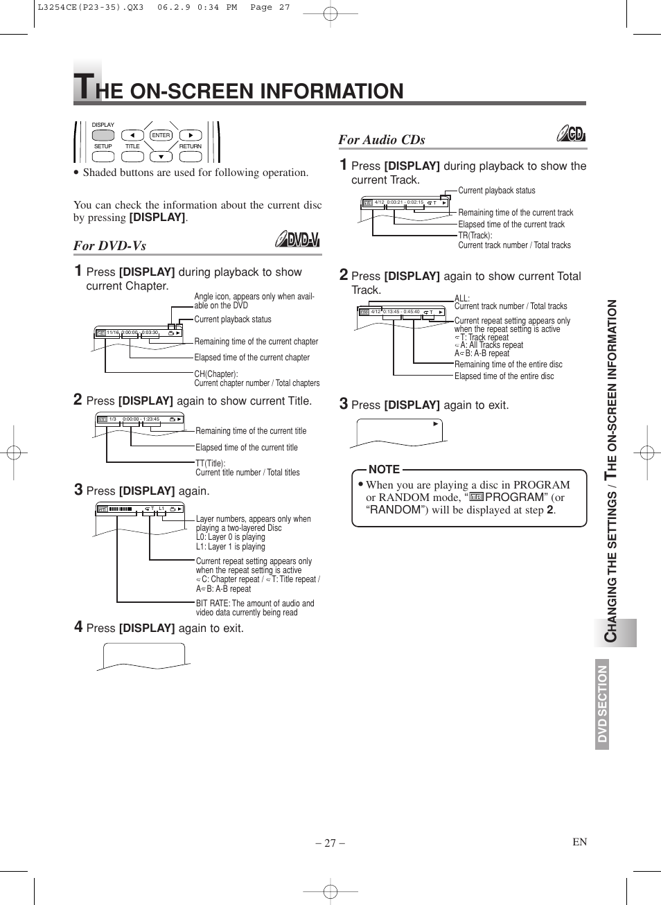 He on-screen information, For dvd-vs, For audio cds | Symphonic LCD TV/DVD User Manual | Page 27 / 36
