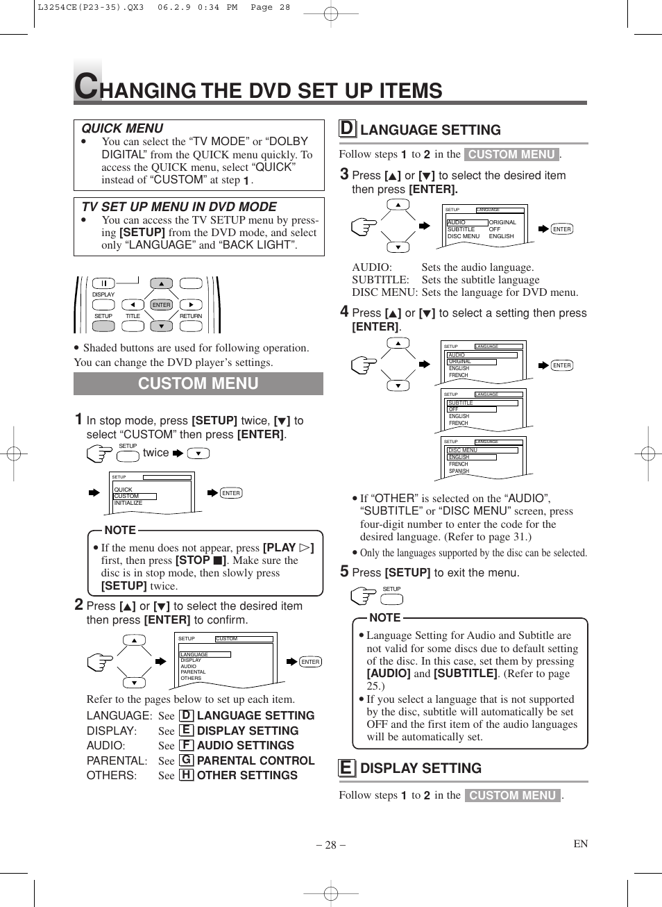 Hanging the dvd set up items, Custom menu, Language setting | Display setting | Symphonic LCD TV/DVD User Manual | Page 28 / 36