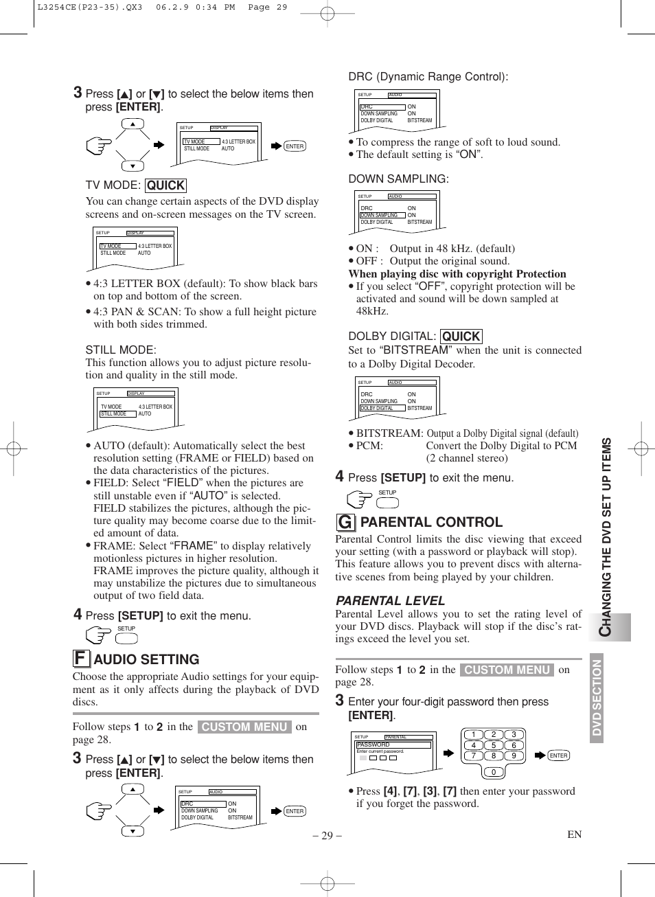 Audio setting, Parental control, Parental level | Quick | Symphonic LCD TV/DVD User Manual | Page 29 / 36