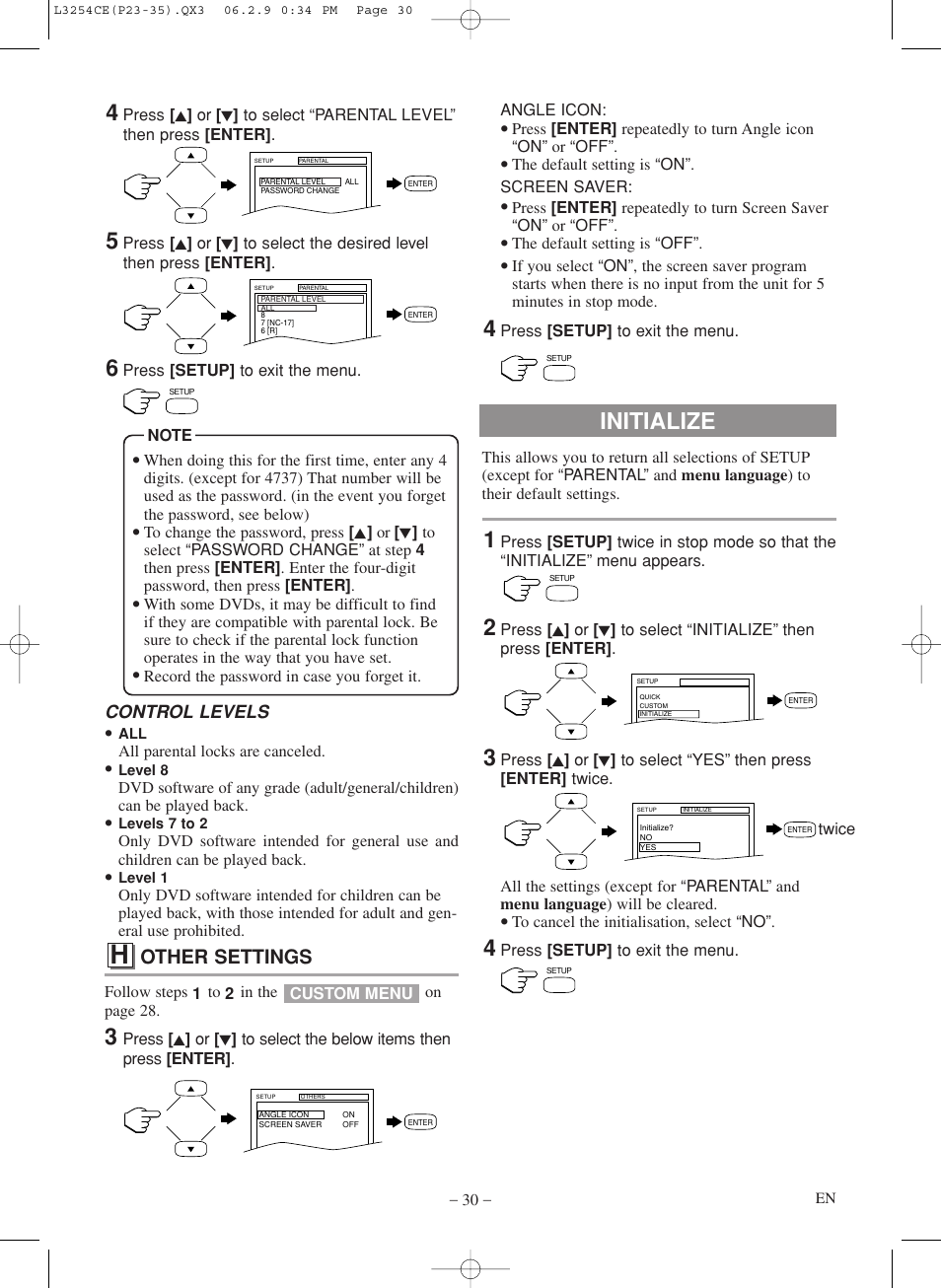 Initialize, Other settings | Symphonic LCD TV/DVD User Manual | Page 30 / 36