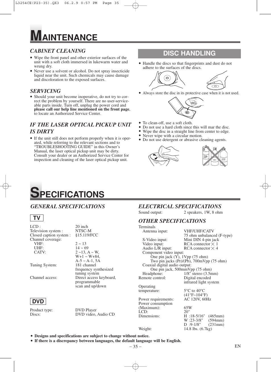 Aintenance, Pecifications, Disc handling | Symphonic LCD TV/DVD User Manual | Page 35 / 36