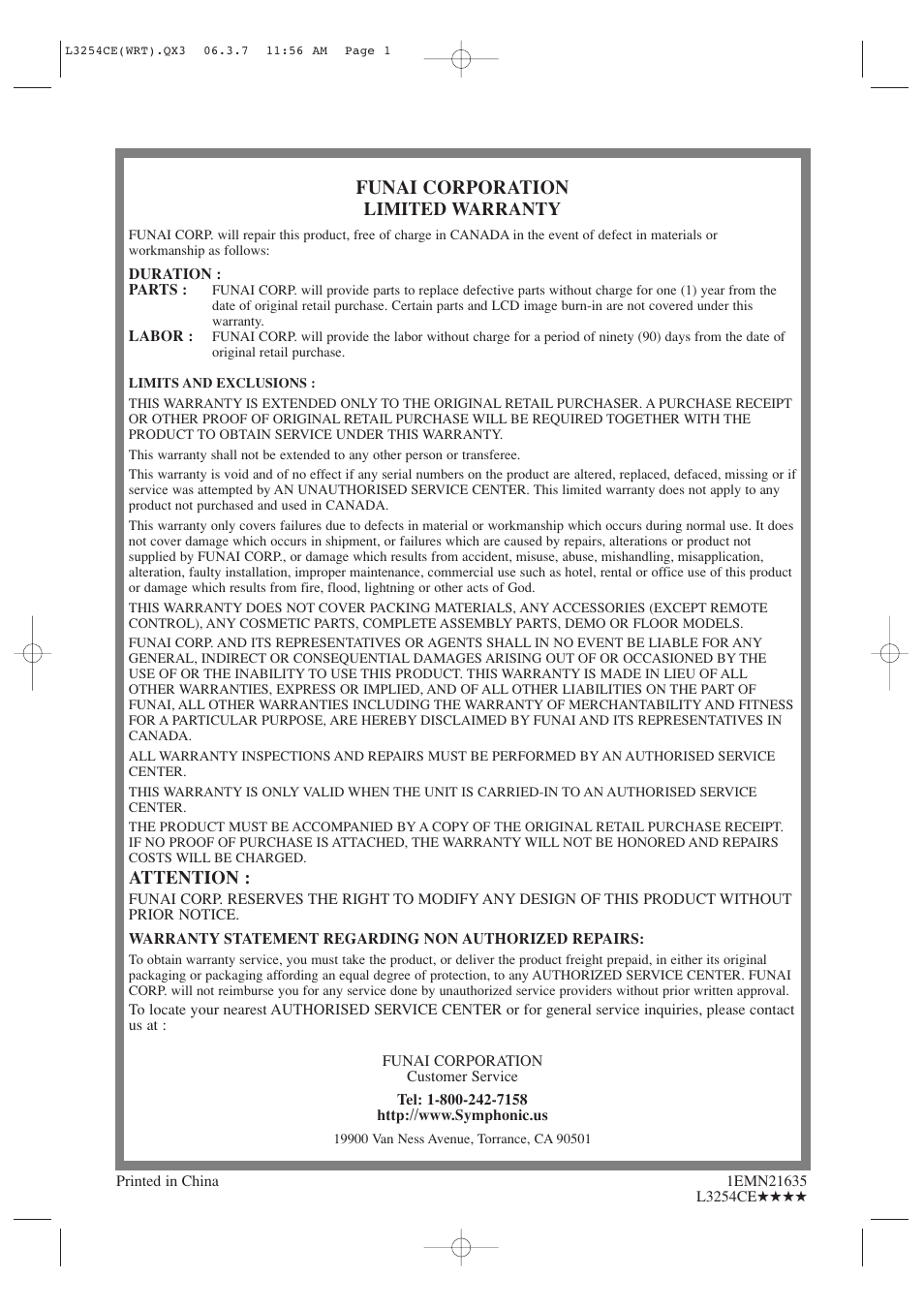 Funai corporation, Limited warranty, Attention | Symphonic LCD TV/DVD User Manual | Page 36 / 36