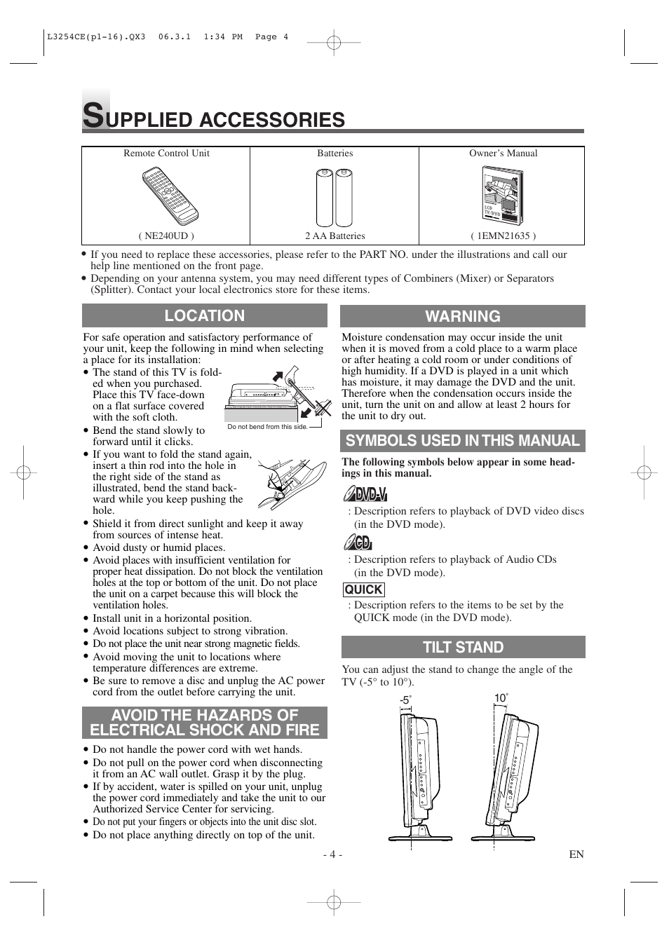 Upplied accessories | Symphonic LCD TV/DVD User Manual | Page 4 / 36