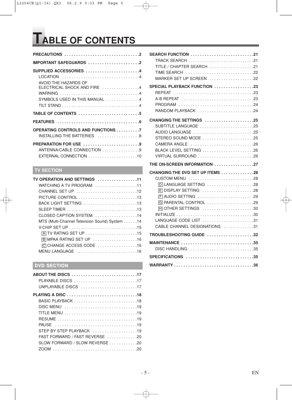 Able of contents | Symphonic LCD TV/DVD User Manual | Page 5 / 36