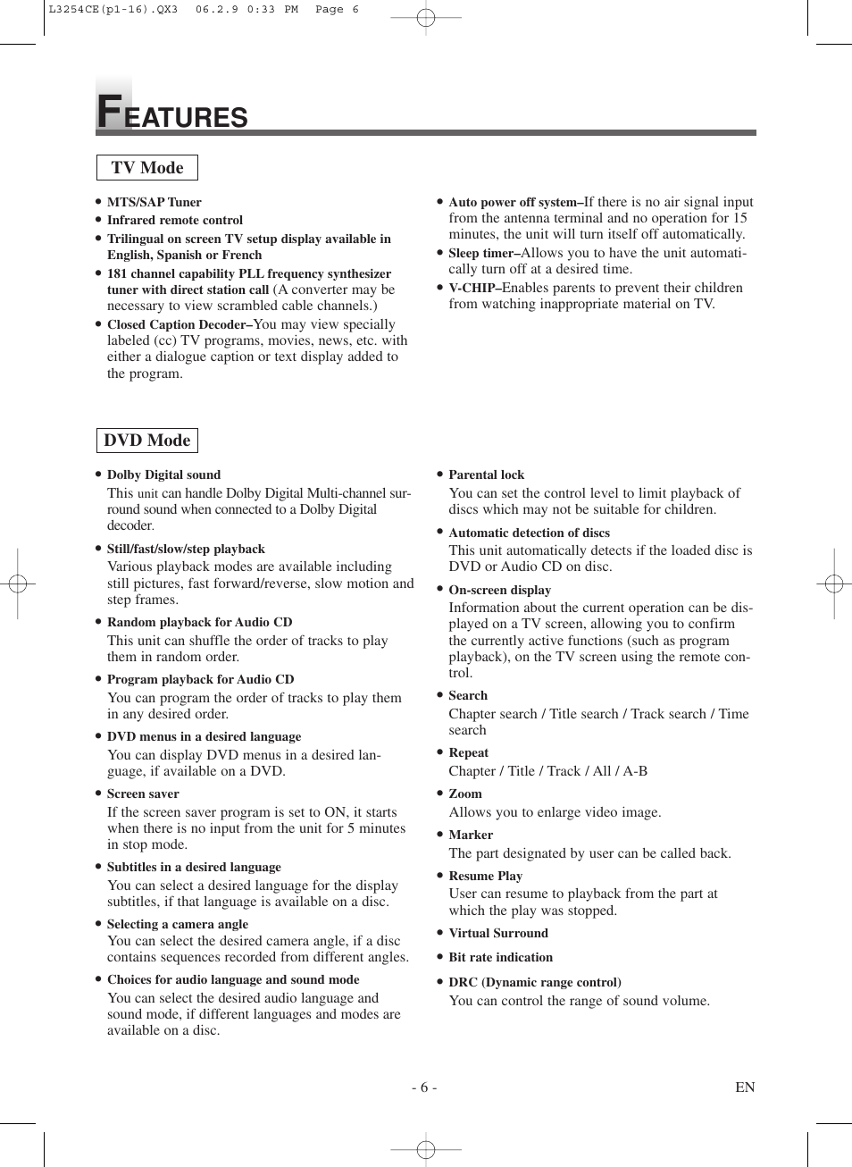 Eatures | Symphonic LCD TV/DVD User Manual | Page 6 / 36