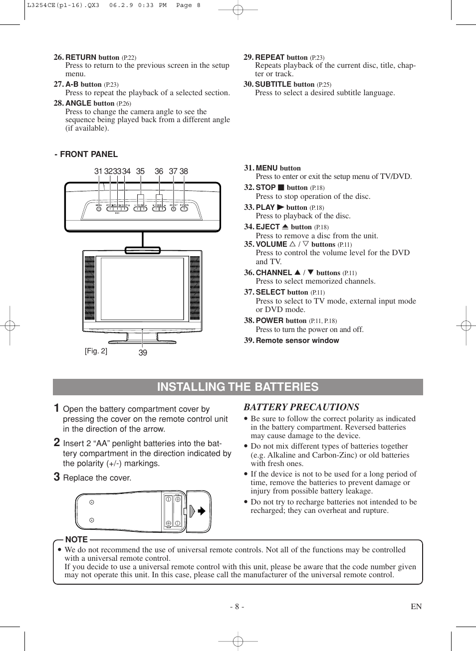 Installing the batteries 1 | Symphonic LCD TV/DVD User Manual | Page 8 / 36