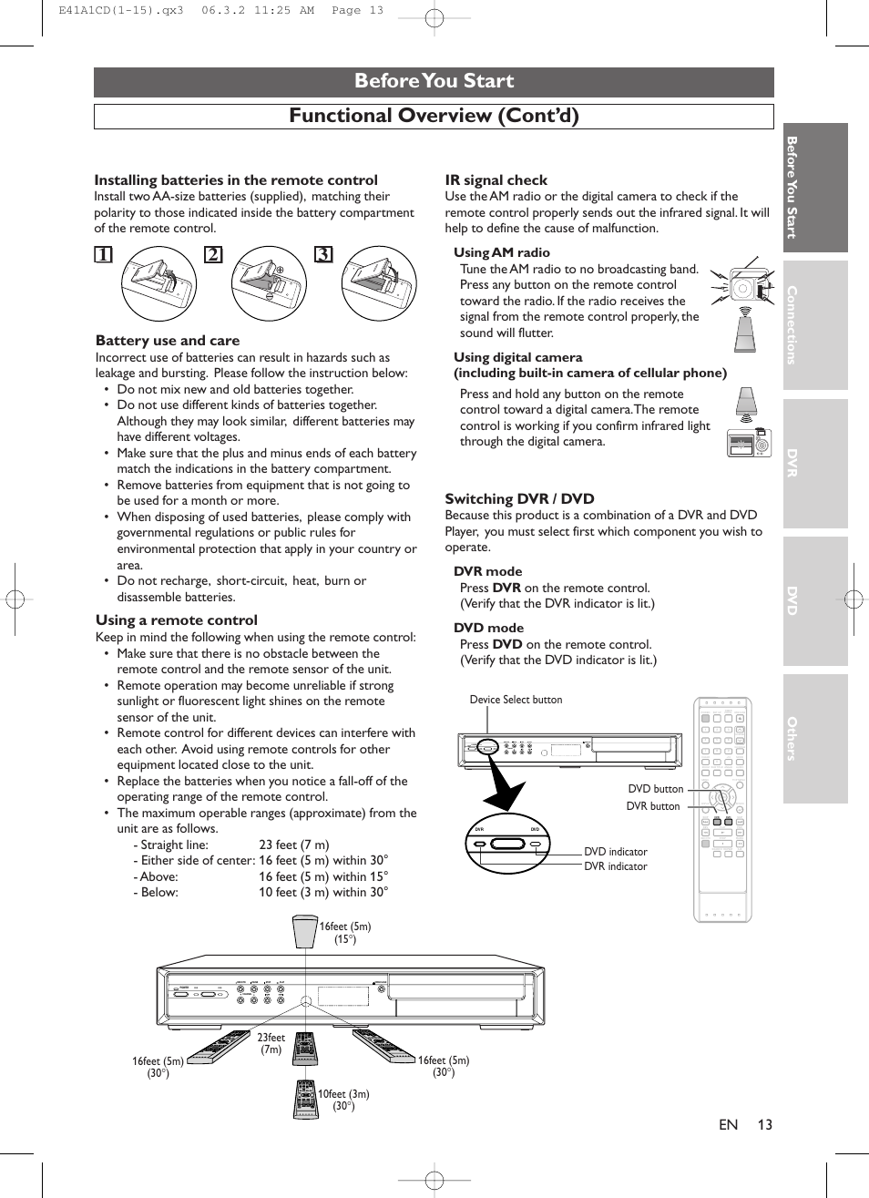 Before you start functional overview (cont’d), En 13, Switching dvr / dvd | Installing batteries in the remote control, Battery use and care, Using a remote control, Ir signal check, Connections dv r dv d others bef o re y ou star t | Symphonic CHSP80G User Manual | Page 13 / 96