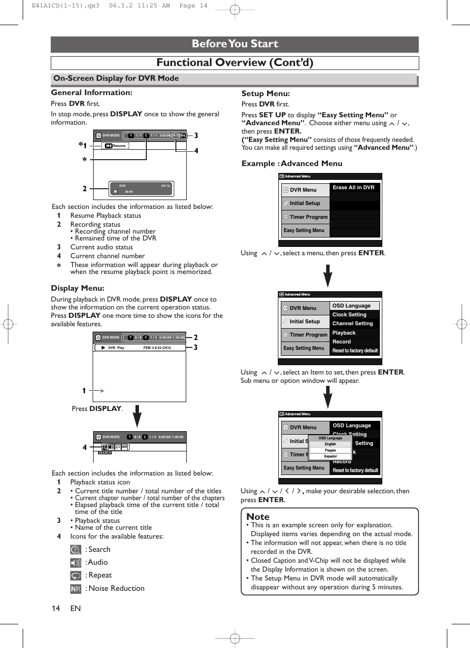 Before you start functional overview (cont’d), En 14, On-screen display for dvr mode display menu | Example : advanced menu, General information | Symphonic CHSP80G User Manual | Page 14 / 96