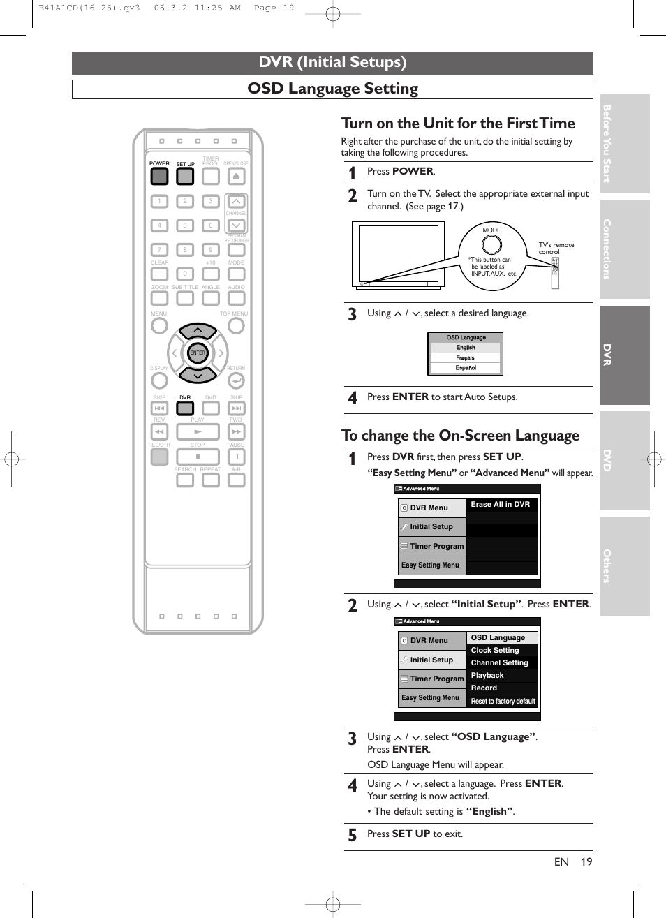 Dvr (initial setups), Osd language setting, Turn on the unit for the first time | Symphonic CHSP80G User Manual | Page 19 / 96