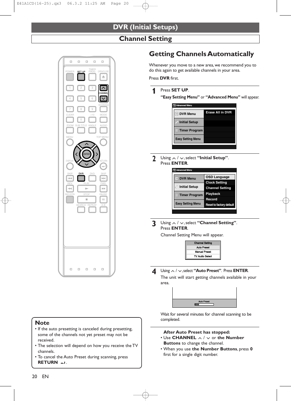 Dvr (initial setups), Channel setting getting channels automatically, Using / , select “initial setup” . press enter | Symphonic CHSP80G User Manual | Page 20 / 96