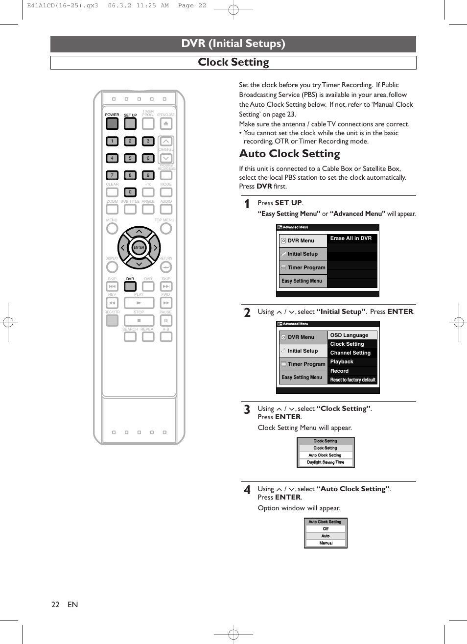 Dvr (initial setups), Clock setting, Auto clock setting | Using / , select “initial setup” . press enter | Symphonic CHSP80G User Manual | Page 22 / 96