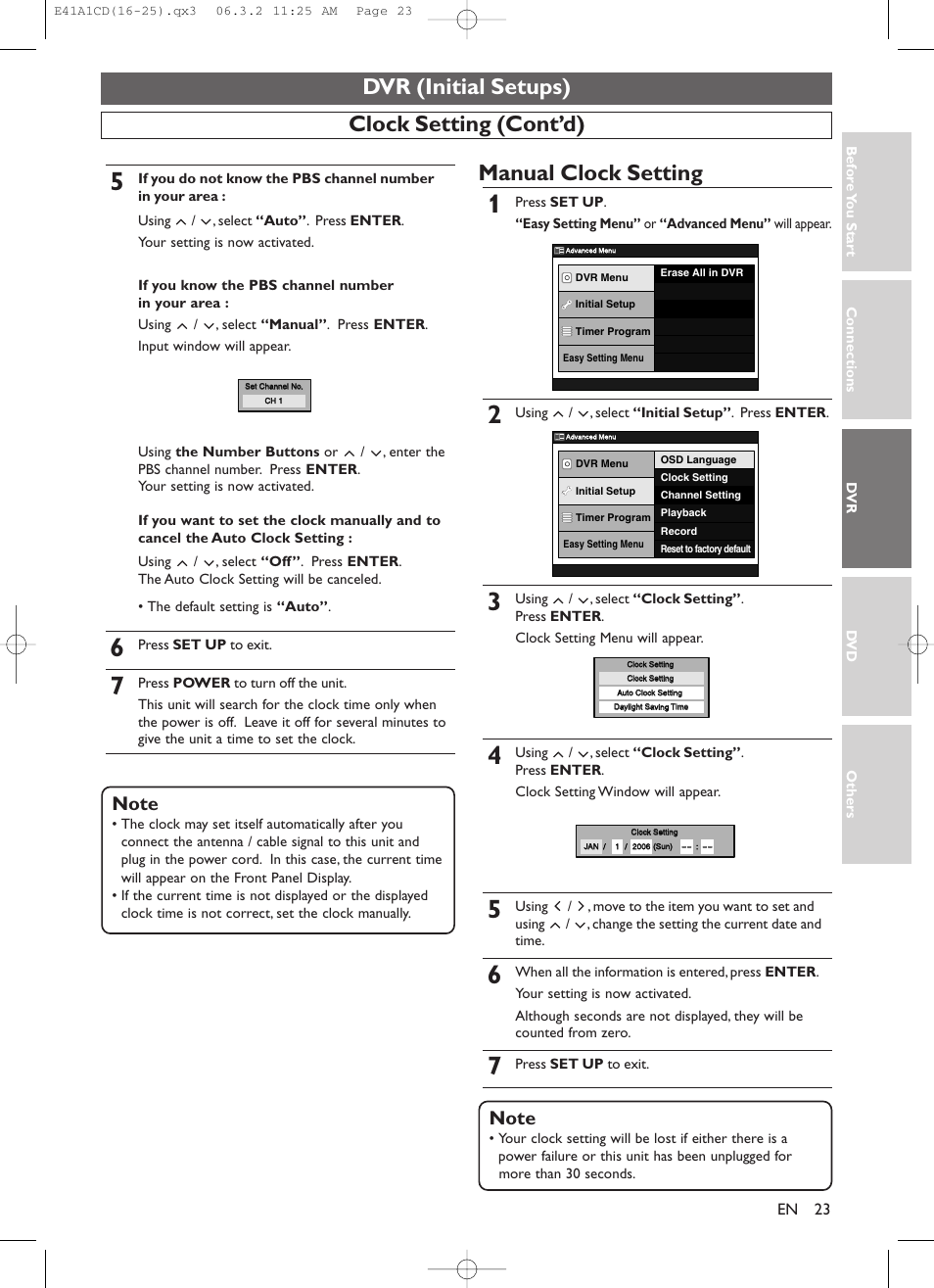 Dvr (initial setups), Clock setting (cont’d) manual clock setting | Symphonic CHSP80G User Manual | Page 23 / 96