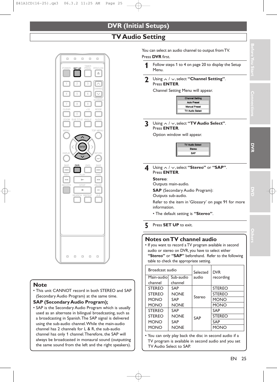 Dvr (initial setups), Tv audio setting | Symphonic CHSP80G User Manual | Page 25 / 96