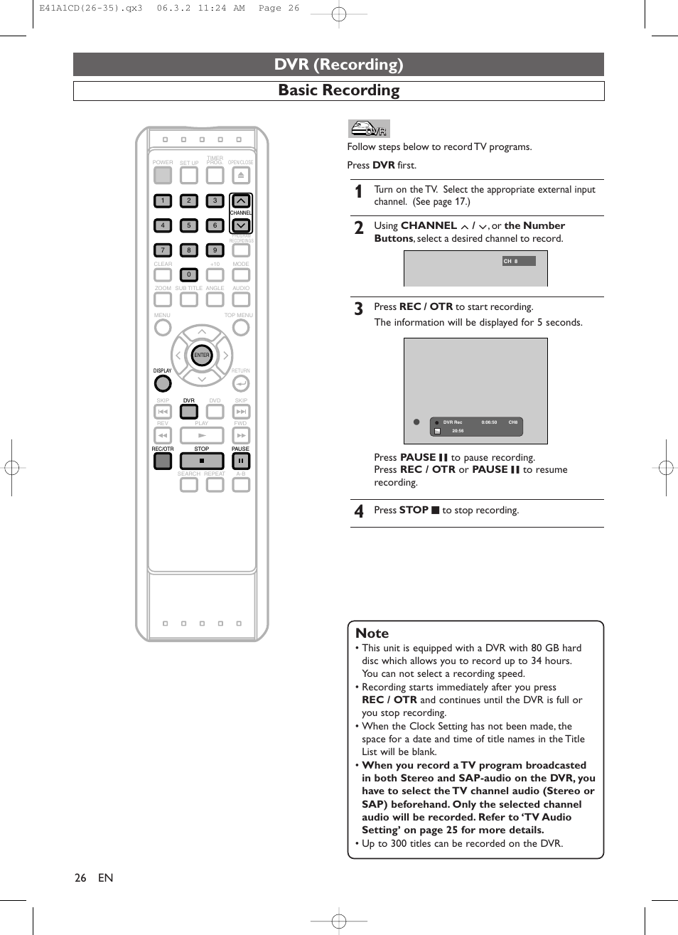 Dvr (recording), Basic recording, Press stop c to stop recording | Symphonic CHSP80G User Manual | Page 26 / 96