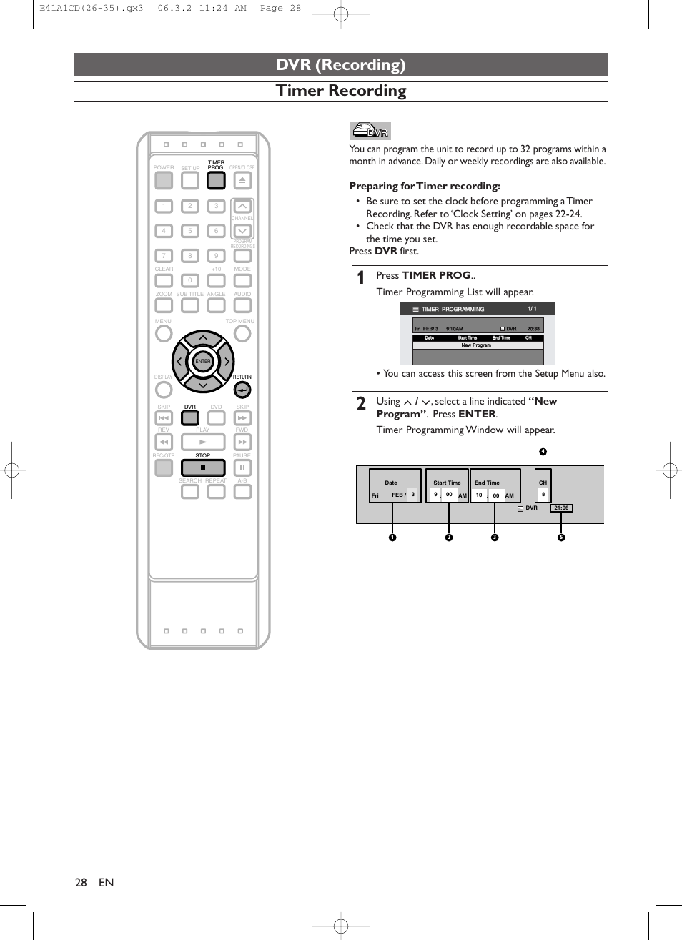 Dvr (recording), Timer recording | Symphonic CHSP80G User Manual | Page 28 / 96