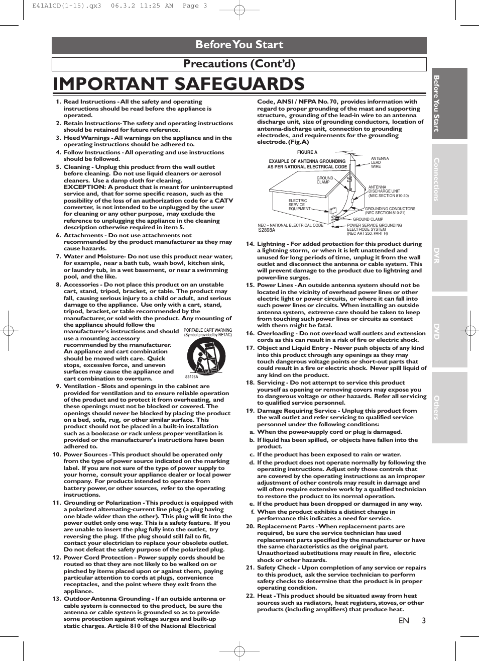 Important safeguards, Precautions (cont’d) before you start | Symphonic CHSP80G User Manual | Page 3 / 96