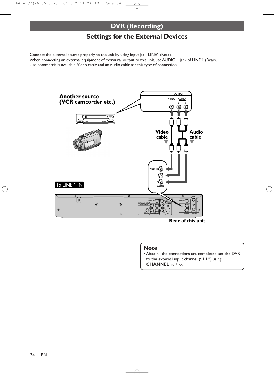 Dvr (recording), Settings for the external devices, Another source (vcr camcorder etc.) | Rear of this unit, Audio cable video cable | Symphonic CHSP80G User Manual | Page 34 / 96