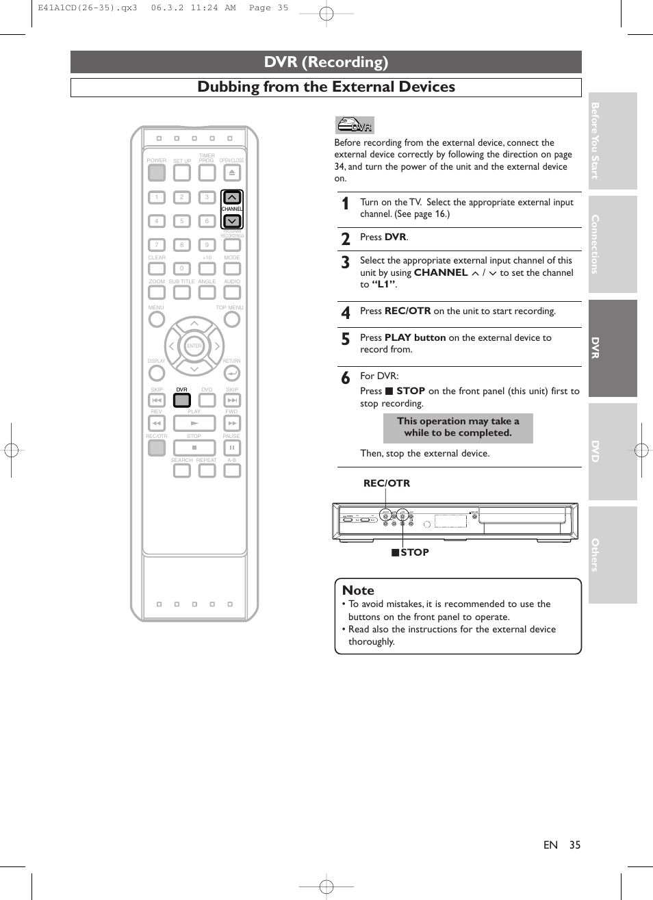 Dvr (recording), Dubbing from the external devices | Symphonic CHSP80G User Manual | Page 35 / 96